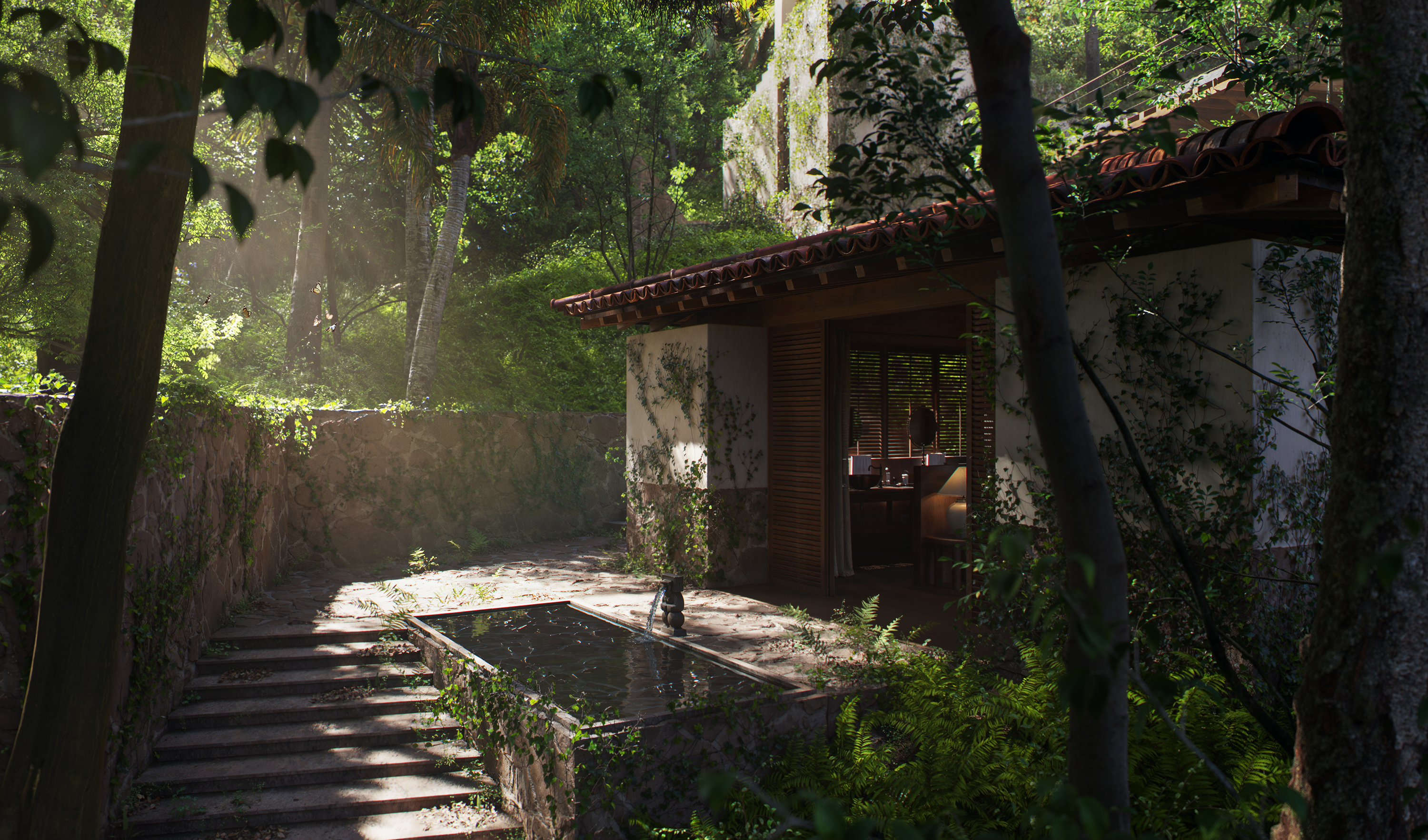 Arquitectura entre vegetación y luz tropical